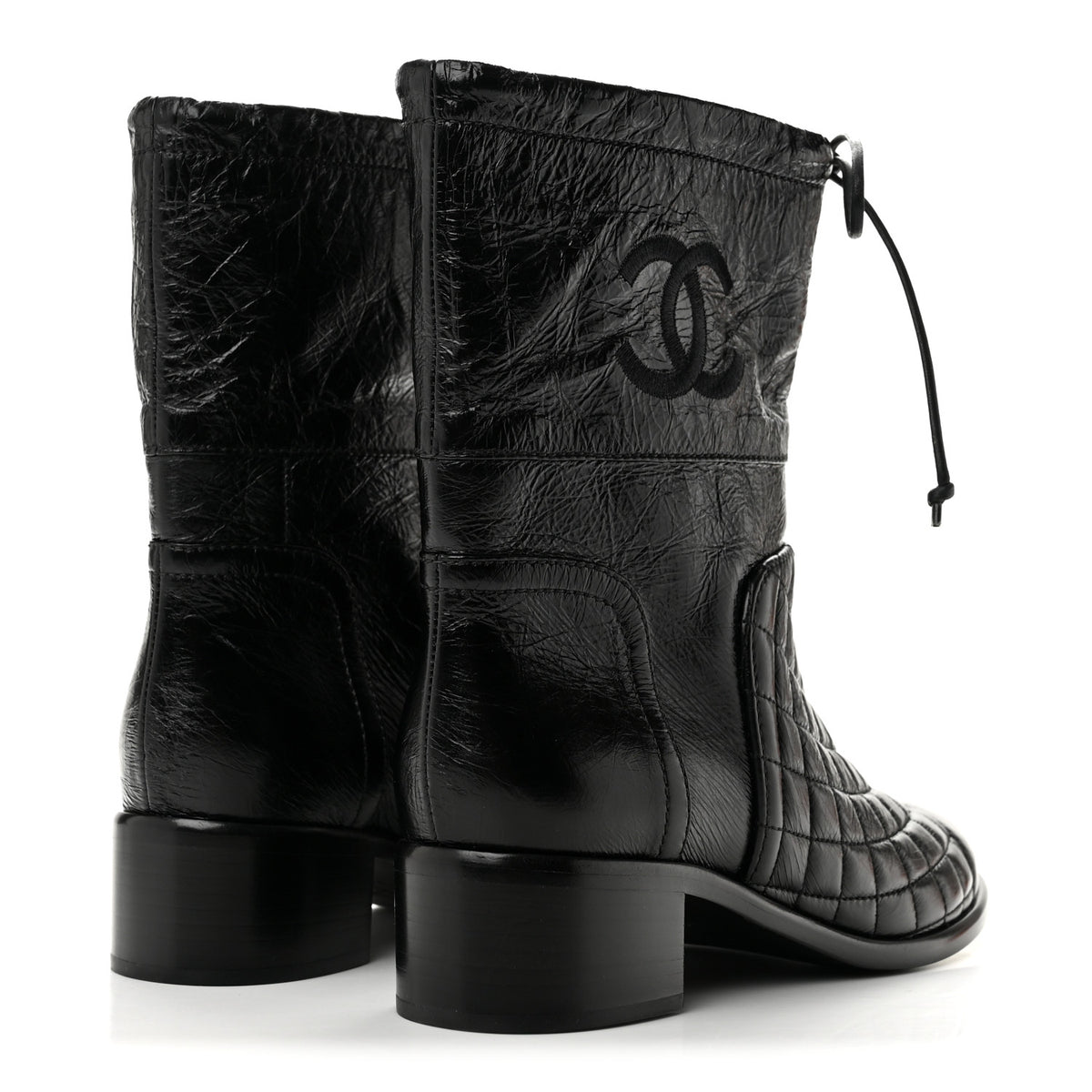 Crumpled Calfskin Quilted Cap Toe Short Boots 38 Black