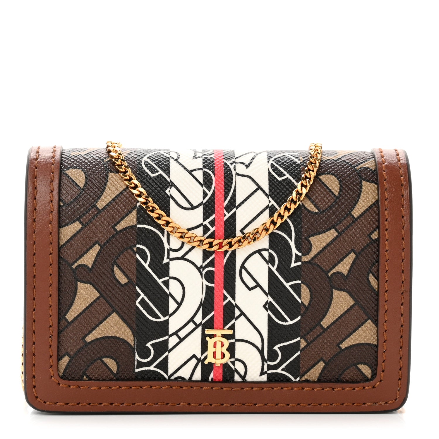 Burberry E-Canvas Monogram Stripe Jessie Chain Card Case Bridle Brown 1 of 5