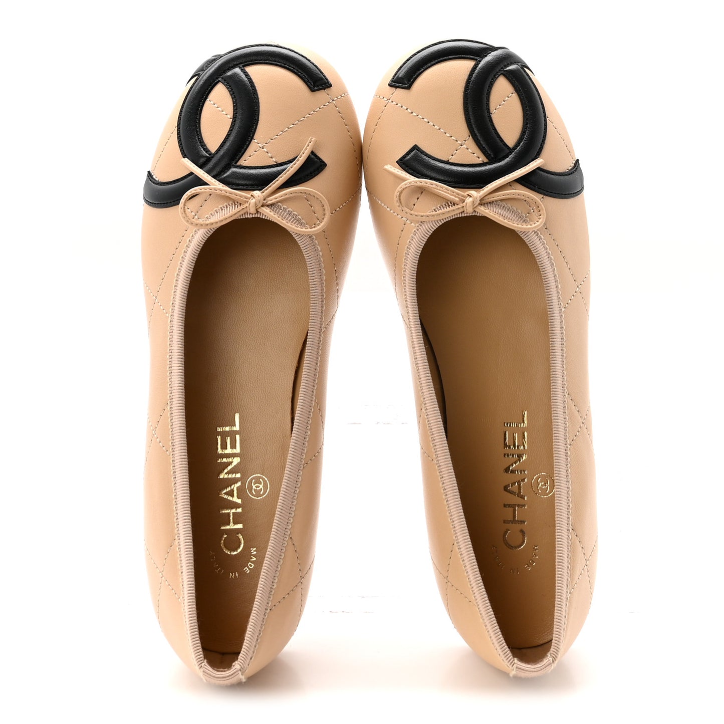 Lambskin Quilted CC Cambon Ballet Flats 38 Beige Black