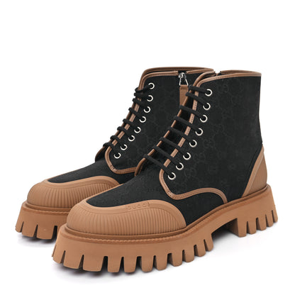 Gucci Monogram Miro Soft Calfskin Mens Lace Up Combat Boots 8 Black Koi Beige 3 of 9