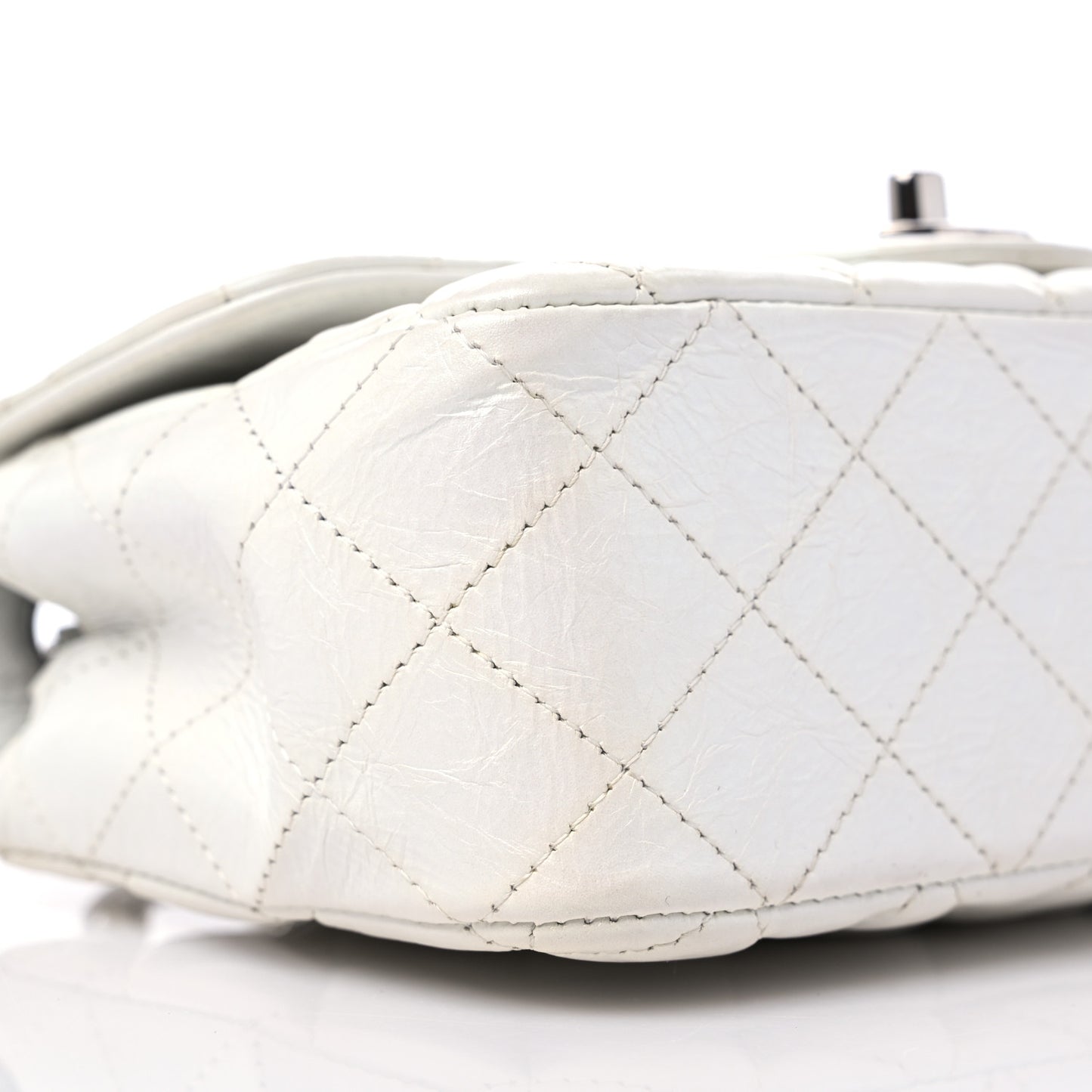Iridescent Crumpled Calfskin Quilted Mini Rectangular Flap White