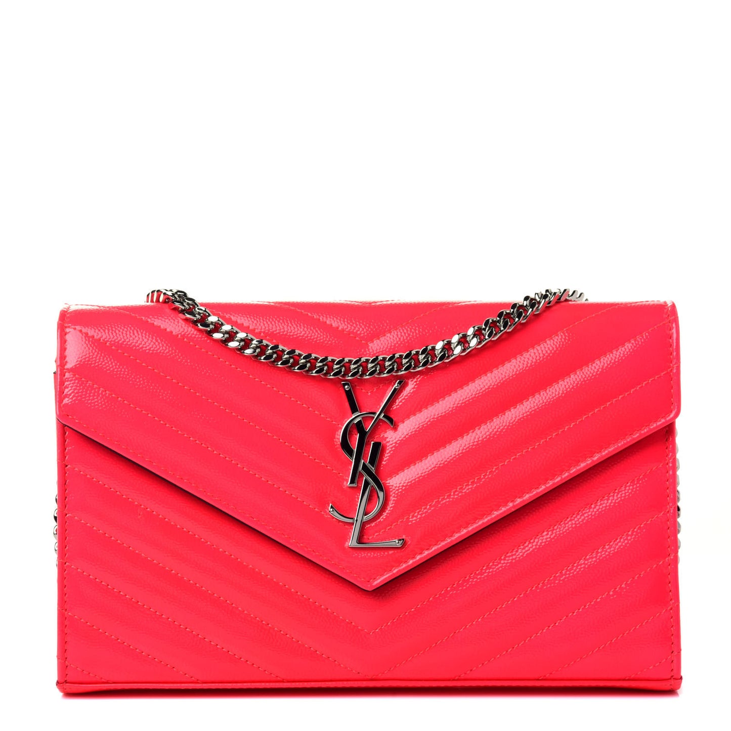 Patent Grain De Poudre Matelasse Chevron Monogram Chain Wallet Neon Pink