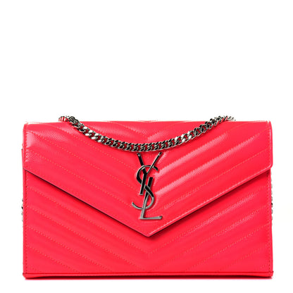 Saint Laurent Patent Grain De Poudre Matelasse Chevron Monogram Chain Wallet Neon Pink 1 of 4