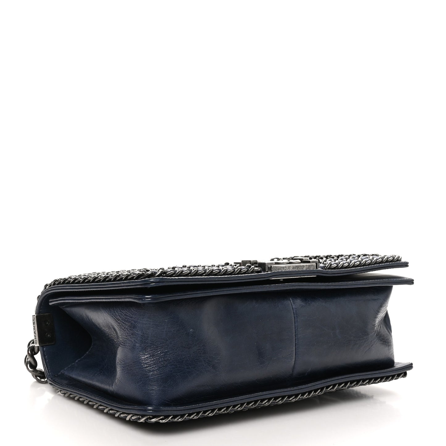 Glazed Calfskin Quilted Medium Boy Chained Flap Blue