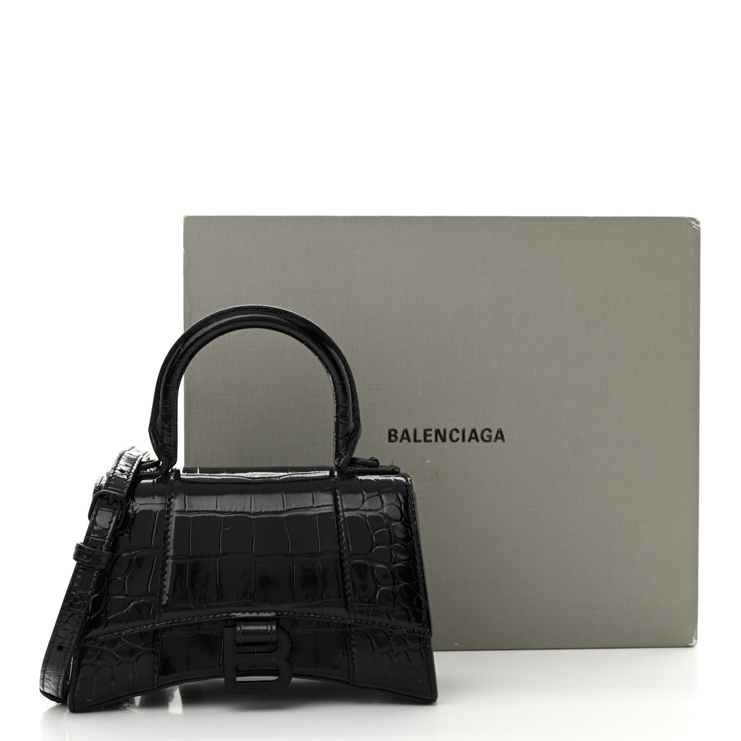 Shiny Calfskin Monochrome Crocodile Embossed Hourglass Top Handle Bag XS Black
