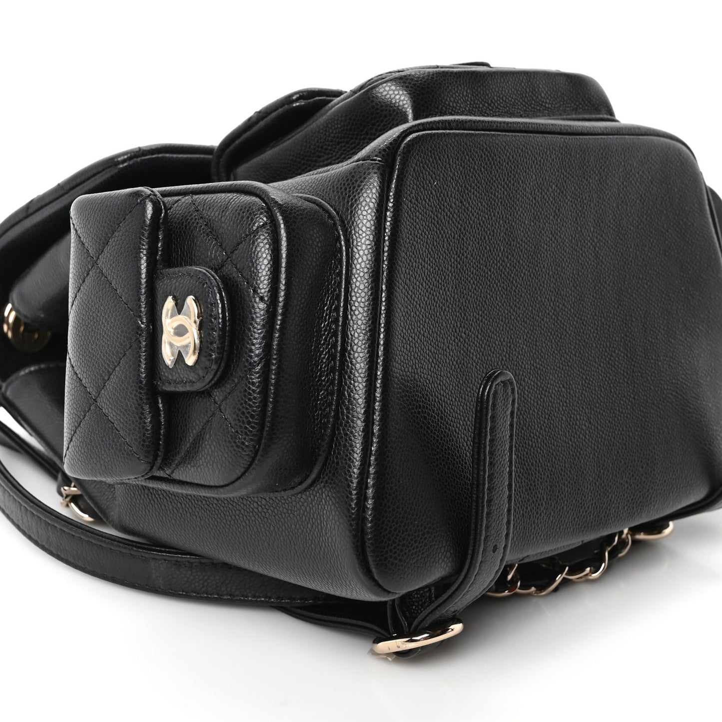 Shiny Caviar Quilted Small Pockets Drawstring Backpack Black