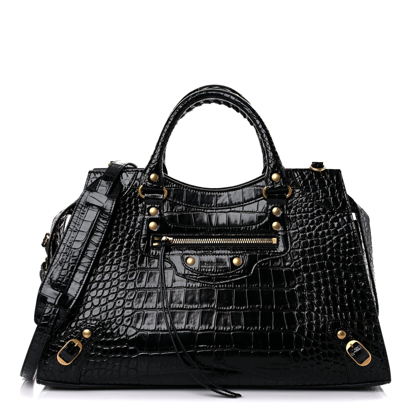 Shiny Supple Calfskin Crocodile Embossed Brass Hardware Neo Classic City Black