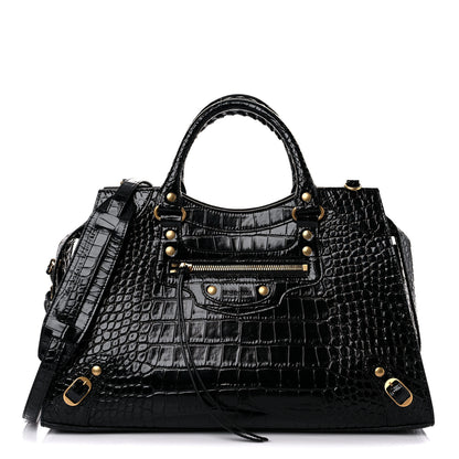 Balenciaga Shiny Supple Calfskin Crocodile Embossed Brass Hardware Neo Classic City Black 1 of 10