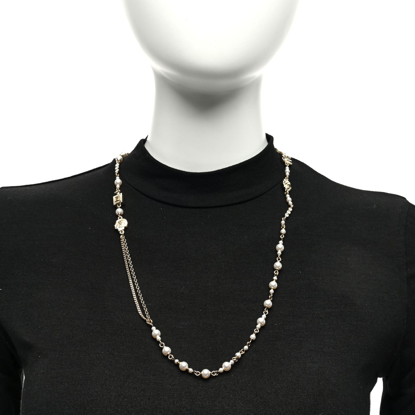 Pearl Crystal Graduated CC No.5 Perfume Bottle Flower Long Necklace Gold White