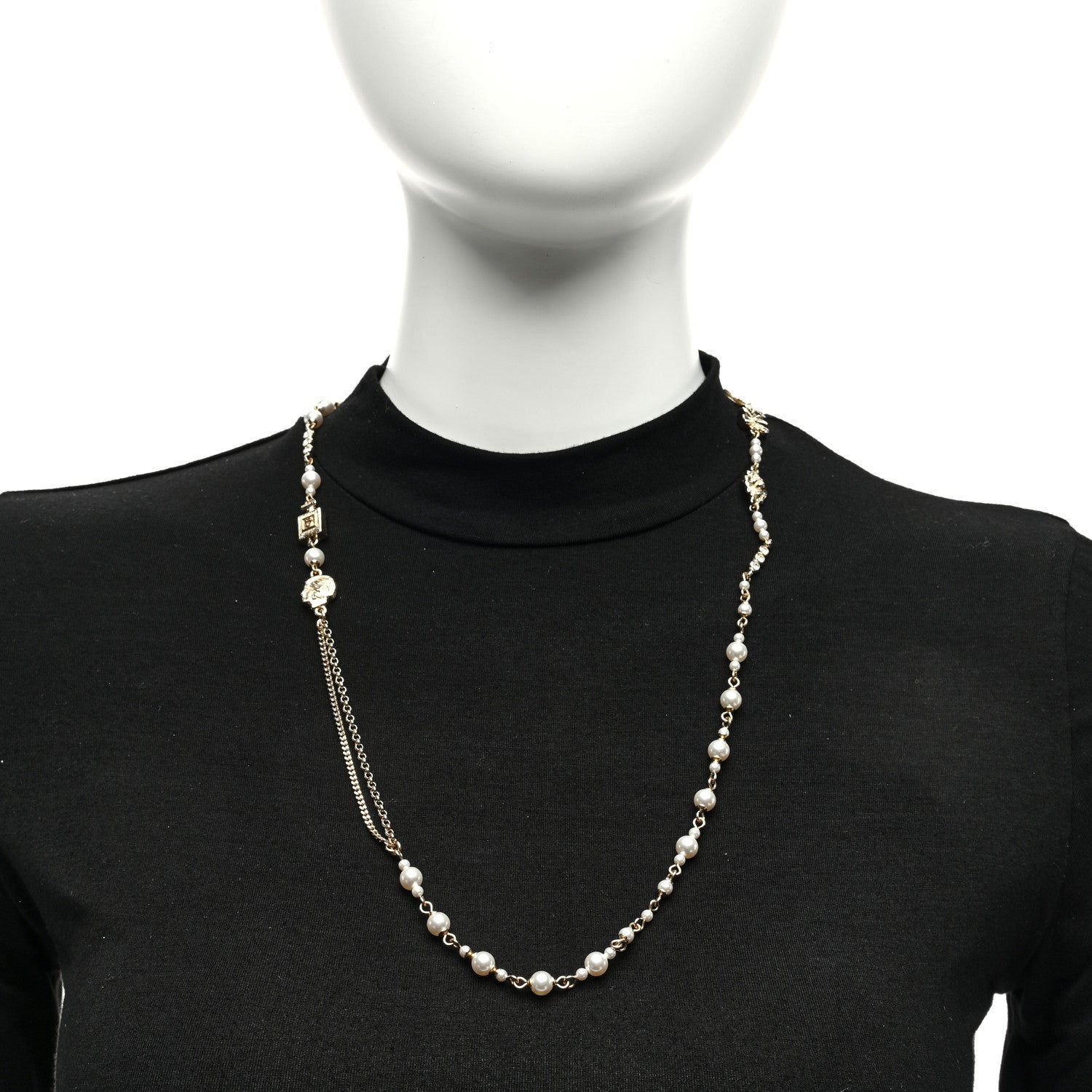 Chanel Pearl Crystal Graduated CC No.5 Perfume Bottle Flower Long Necklace Gold White 2 of 5