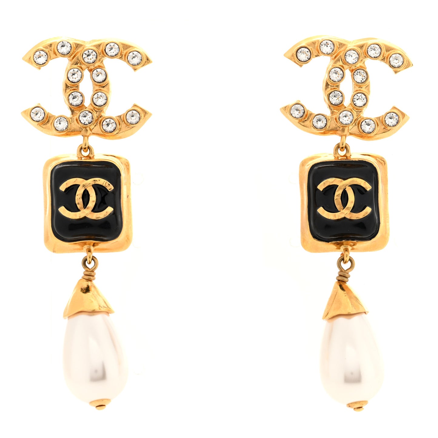 Metal Resin Pearl Crystal CC Drop Earrings Gold Black Pearly White