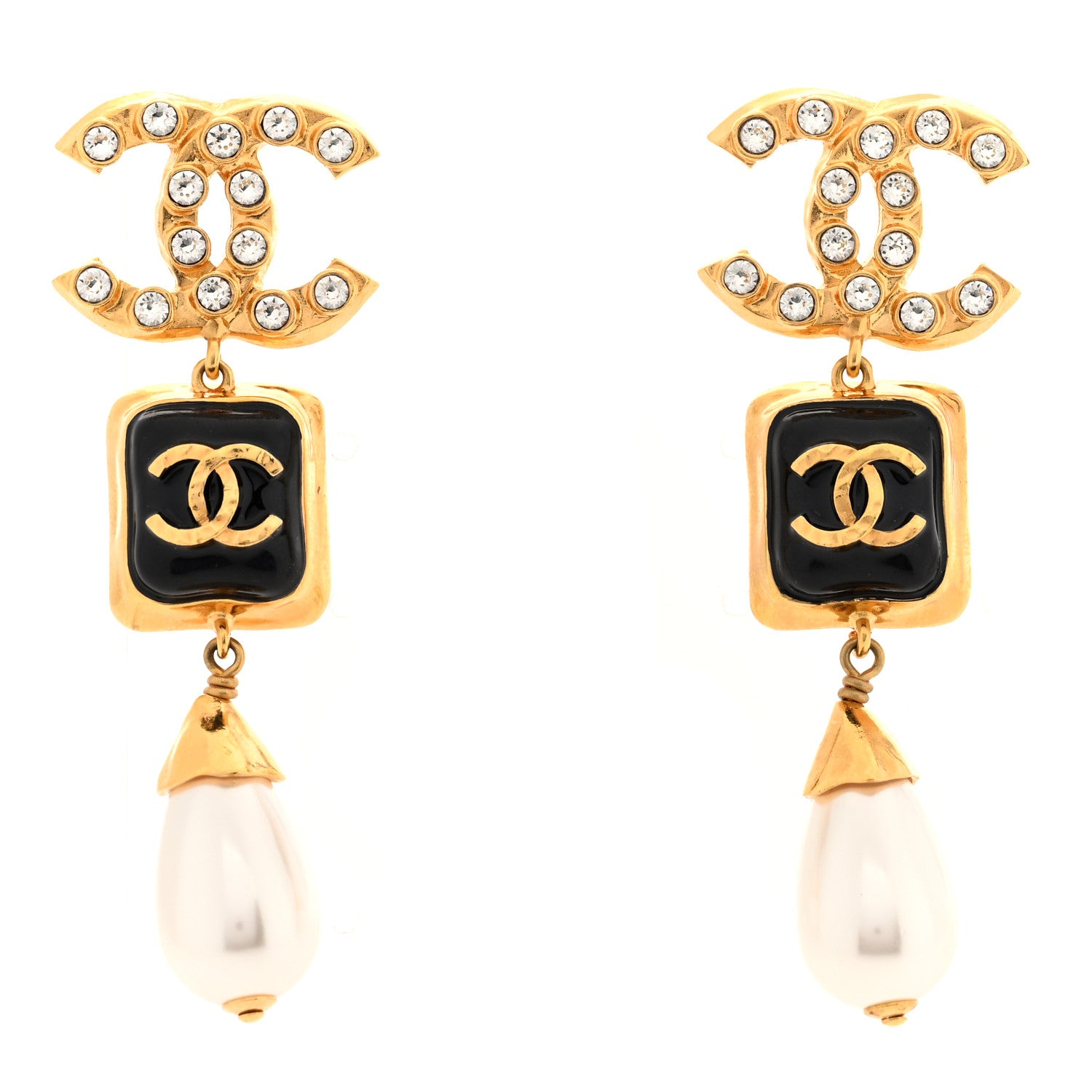 Chanel Metal Resin Pearl Crystal CC Drop Earrings Gold Black Pearly White 1 of 4