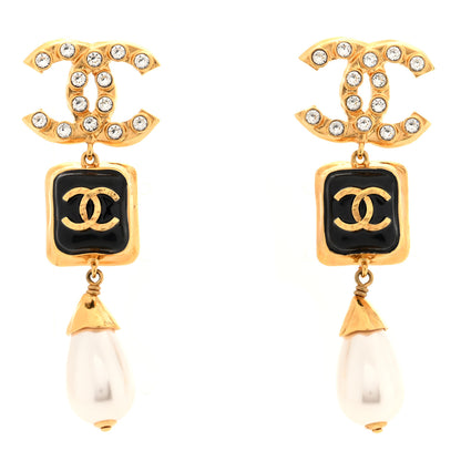 Chanel Metal Resin Pearl Crystal CC Drop Earrings Gold Black Pearly White 1 of 4