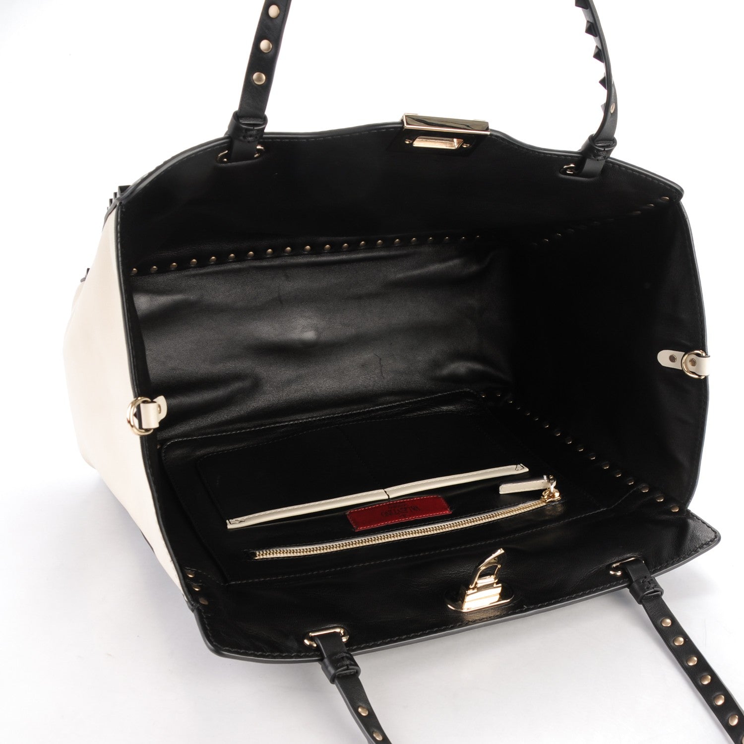 Valentino Garavani Vitello Monochrome Medium Rockstud Tote Black Light Ivory 5 of 7