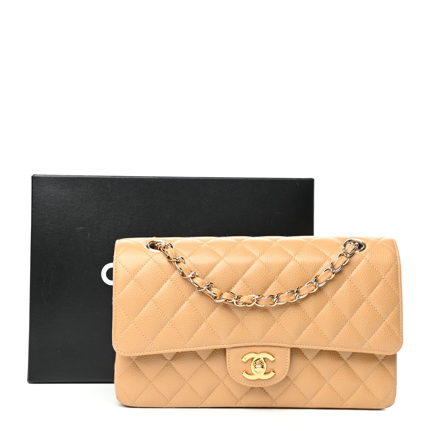 Caviar Quilted Medium Double Flap Beige