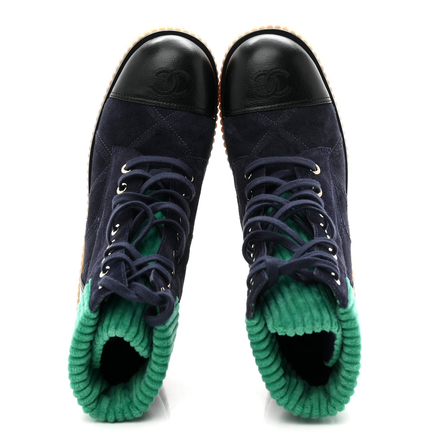 Suede Calfskin Velvet Quilted CC Combat Boots 39 Navy Green Black