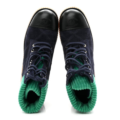 Chanel Suede Calfskin Velvet Quilted CC Combat Boots 39 Navy Green Black 2 of 10