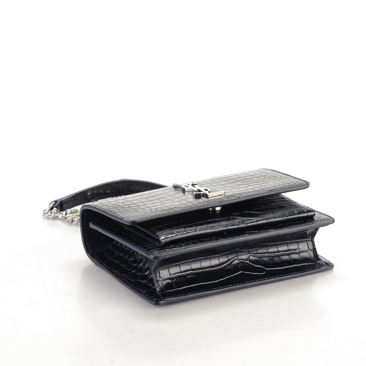 Calfskin Crocodile Embossed Monogram Sunset Chain Wallet Navy Blue