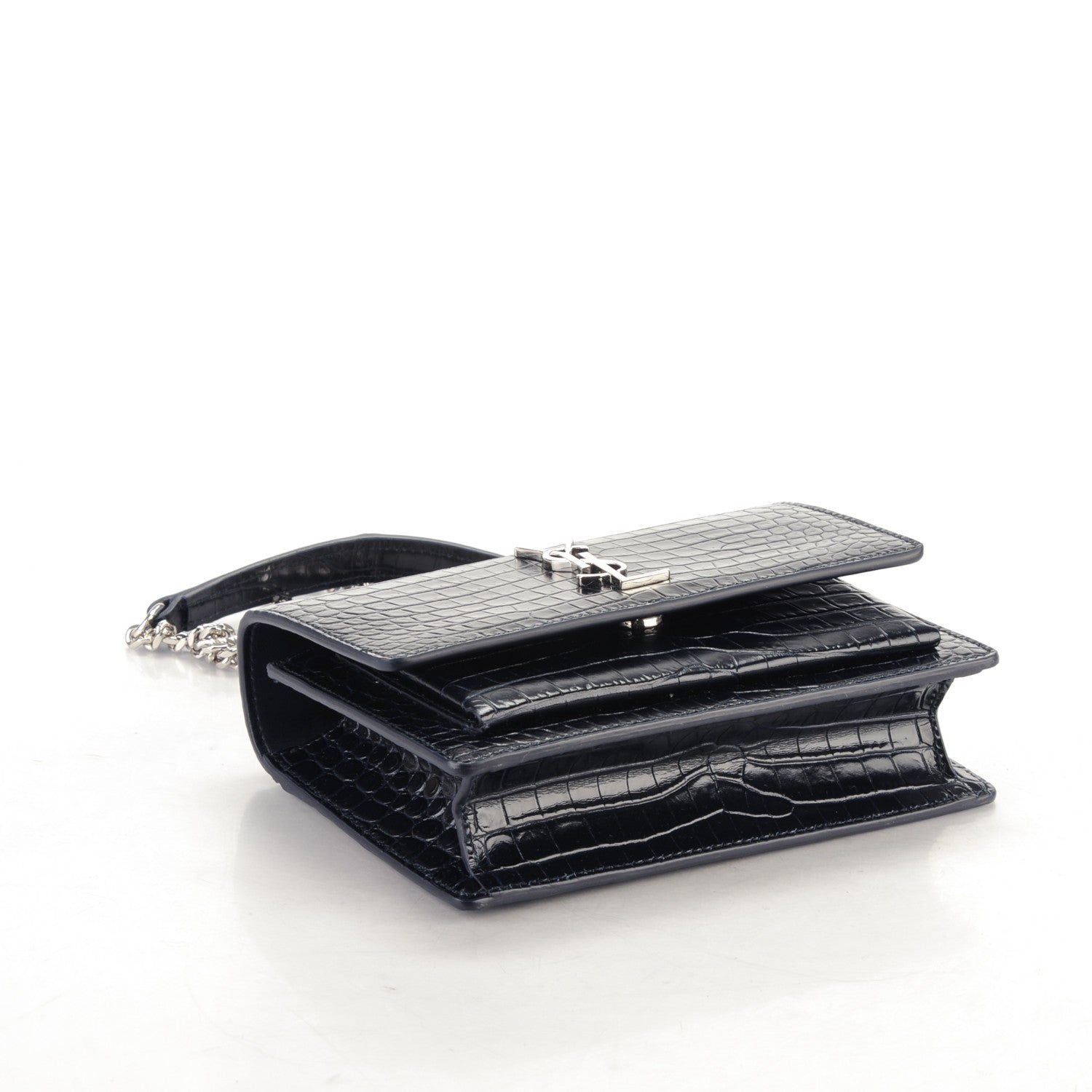 Saint Laurent Calfskin Crocodile Embossed Monogram Sunset Chain Wallet Navy Blue 4 of 7