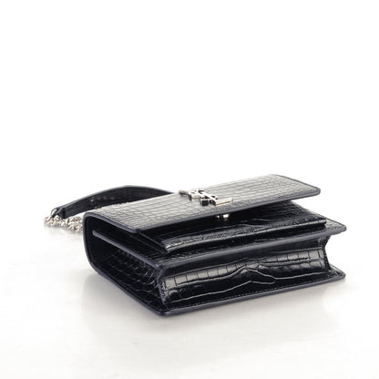 Saint Laurent Calfskin Crocodile Embossed Monogram Sunset Chain Wallet Navy Blue 4 of 7