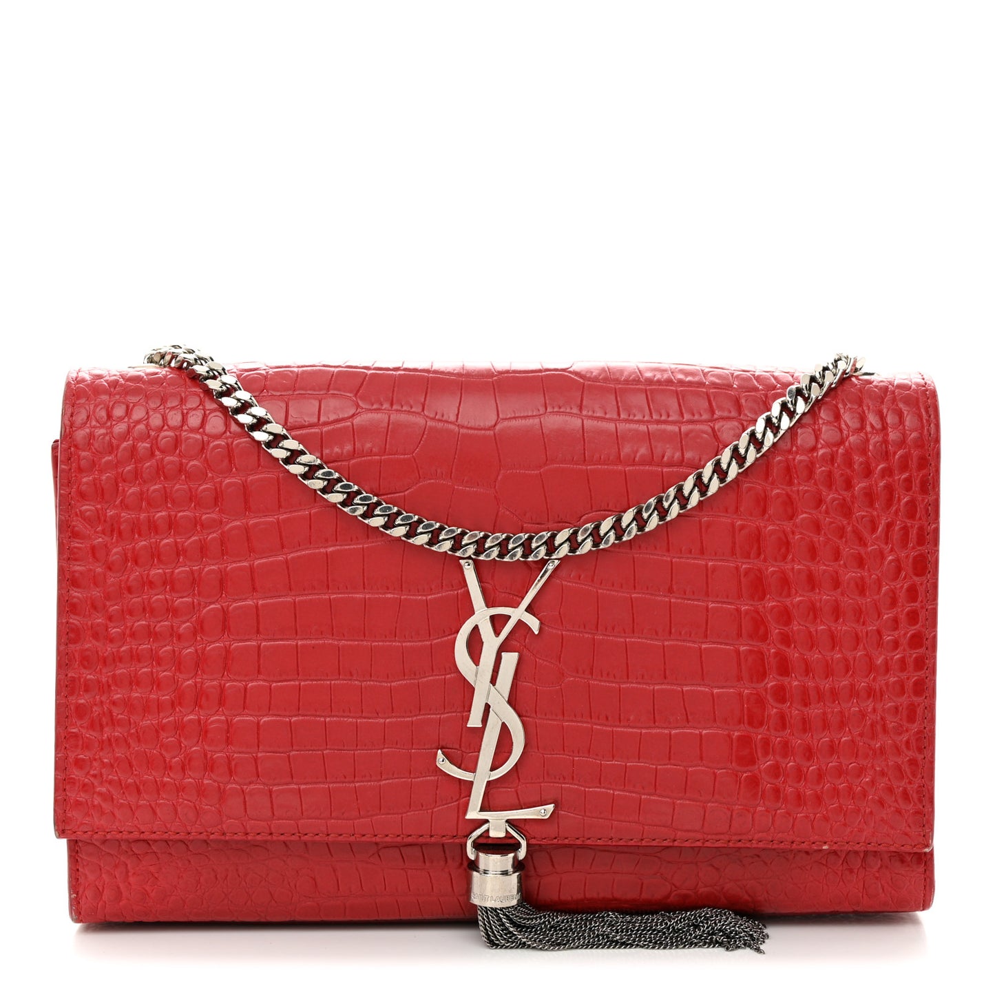 Calfskin Crocodile Embossed Medium Classic Monogram Kate Tassel Satchel New Red