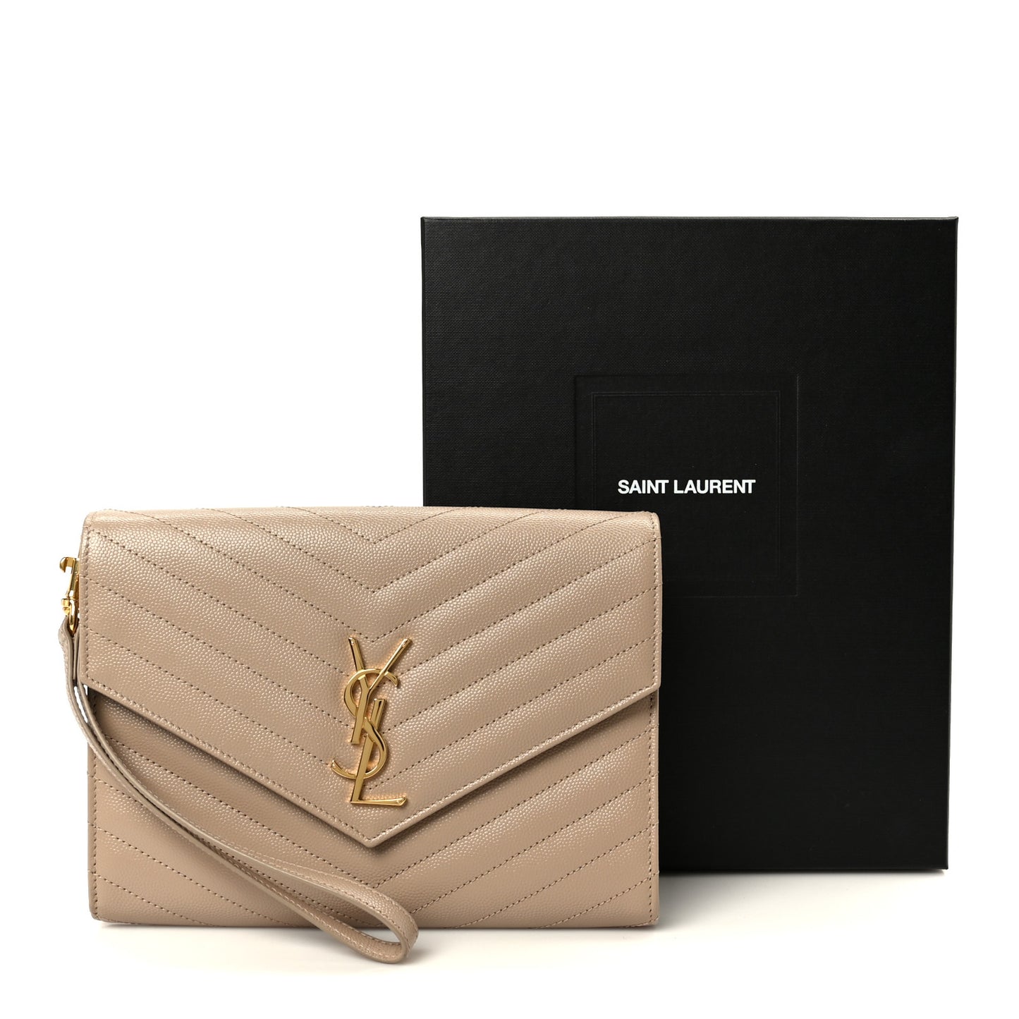 Grain De Poudre Matelasse Chevron Monogram Cassandre Flap Pouch Dark Beige