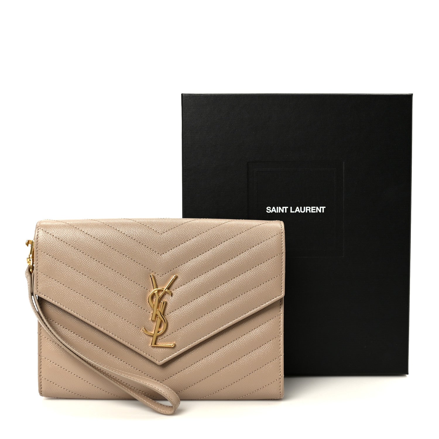 Saint Laurent Grain De Poudre Matelasse Chevron Monogram Cassandre Flap Pouch Dark Beige 9 of 9