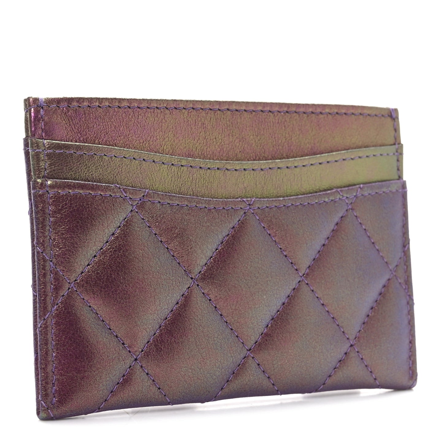 Iridescent Lambskin Quilted Card Holder Purple