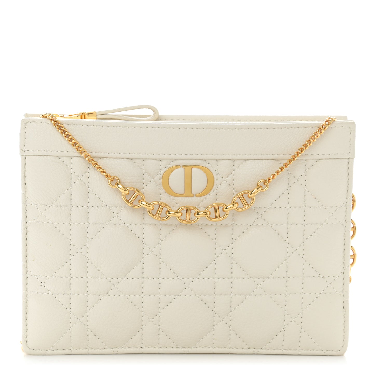Calfskin Cannage Caro Zipped Pouch With Chain Latte