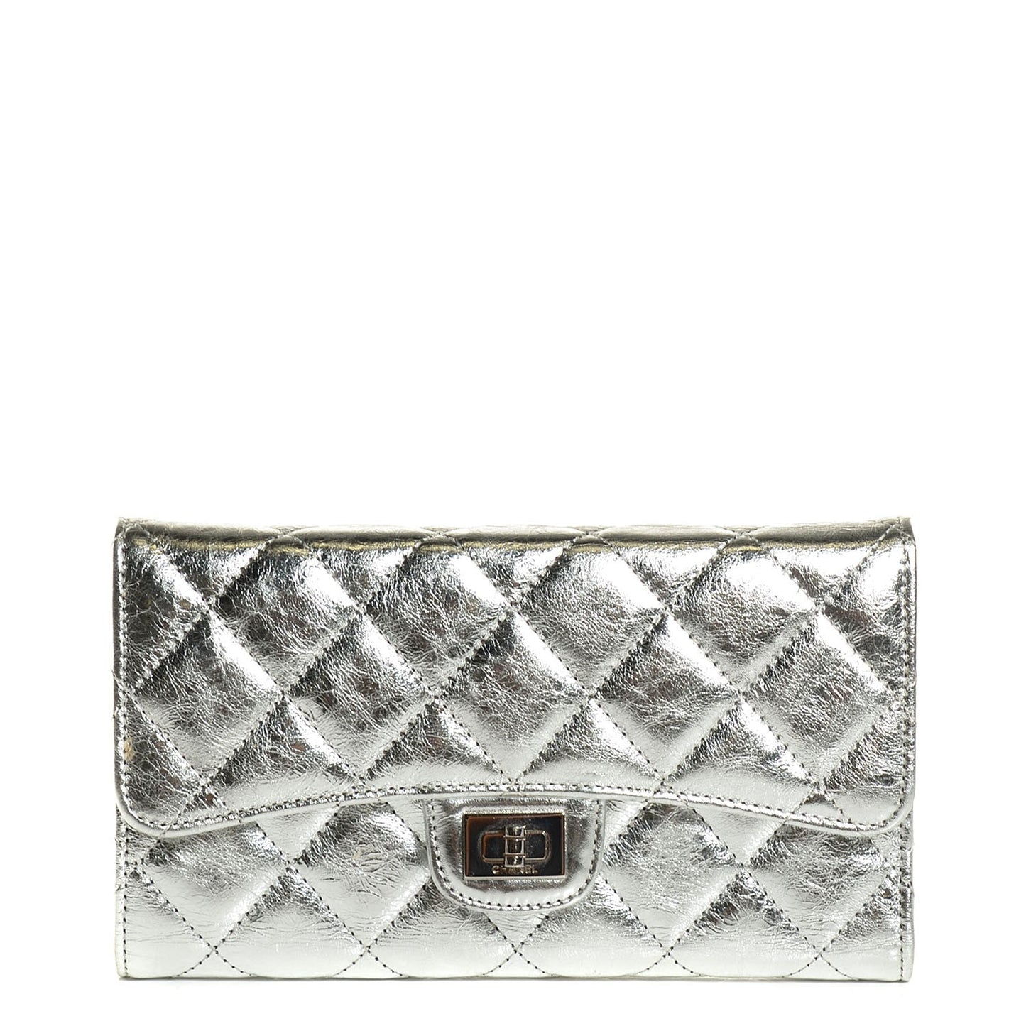 Metallic Calfskin Quilted Large Flap Wallet Silver