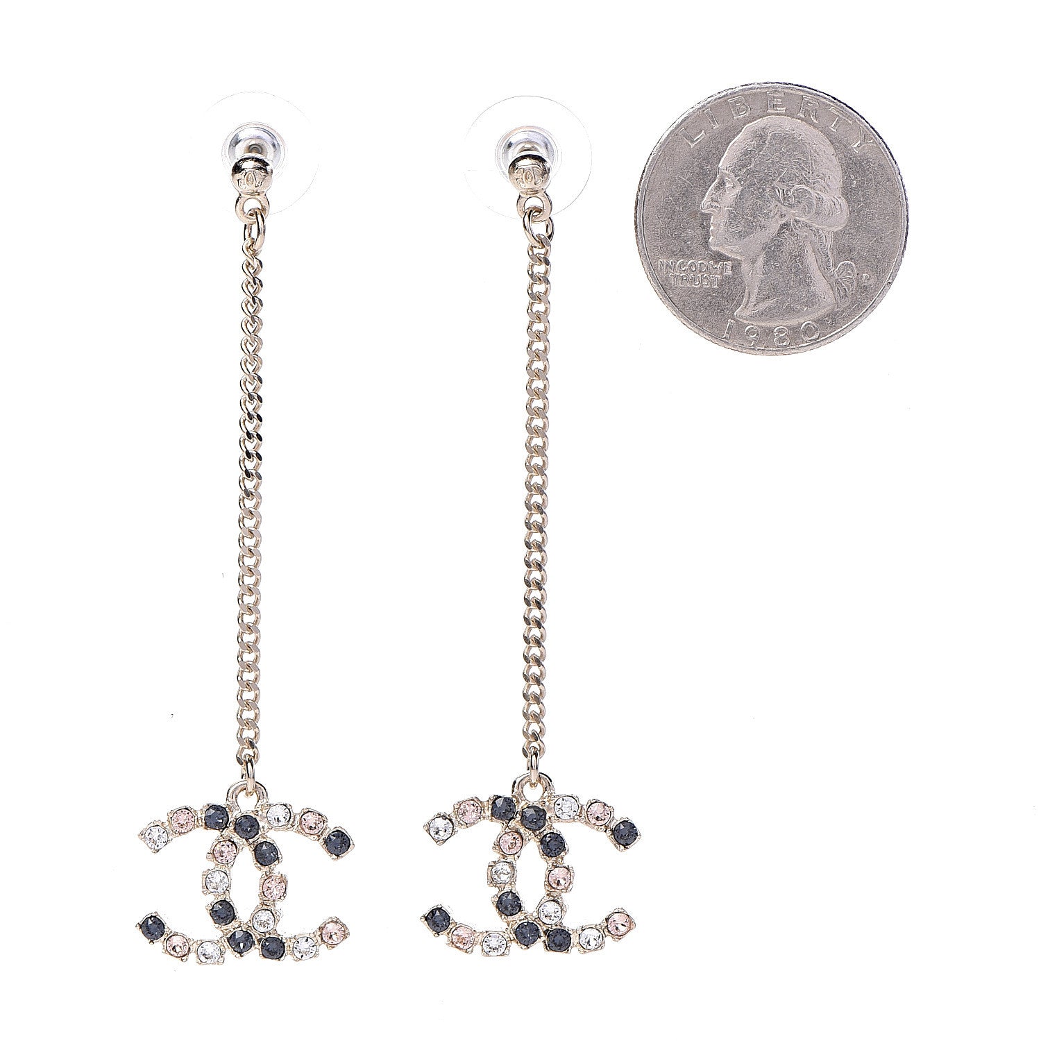 Chanel Crystal CC Drop Earrings Pink Grey Gold 2 of 4