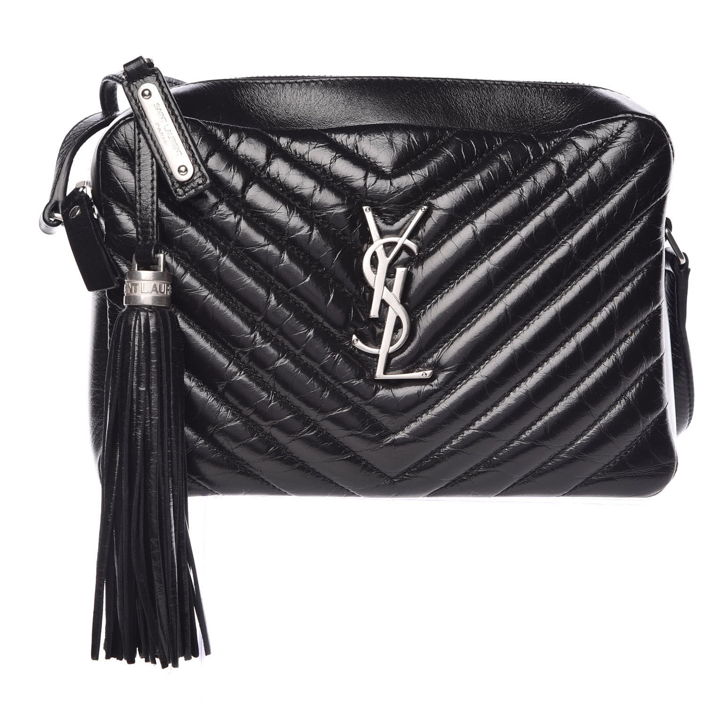 Cracked Shiny Calfskin Matelasse Monogram Lou Camera Bag Black