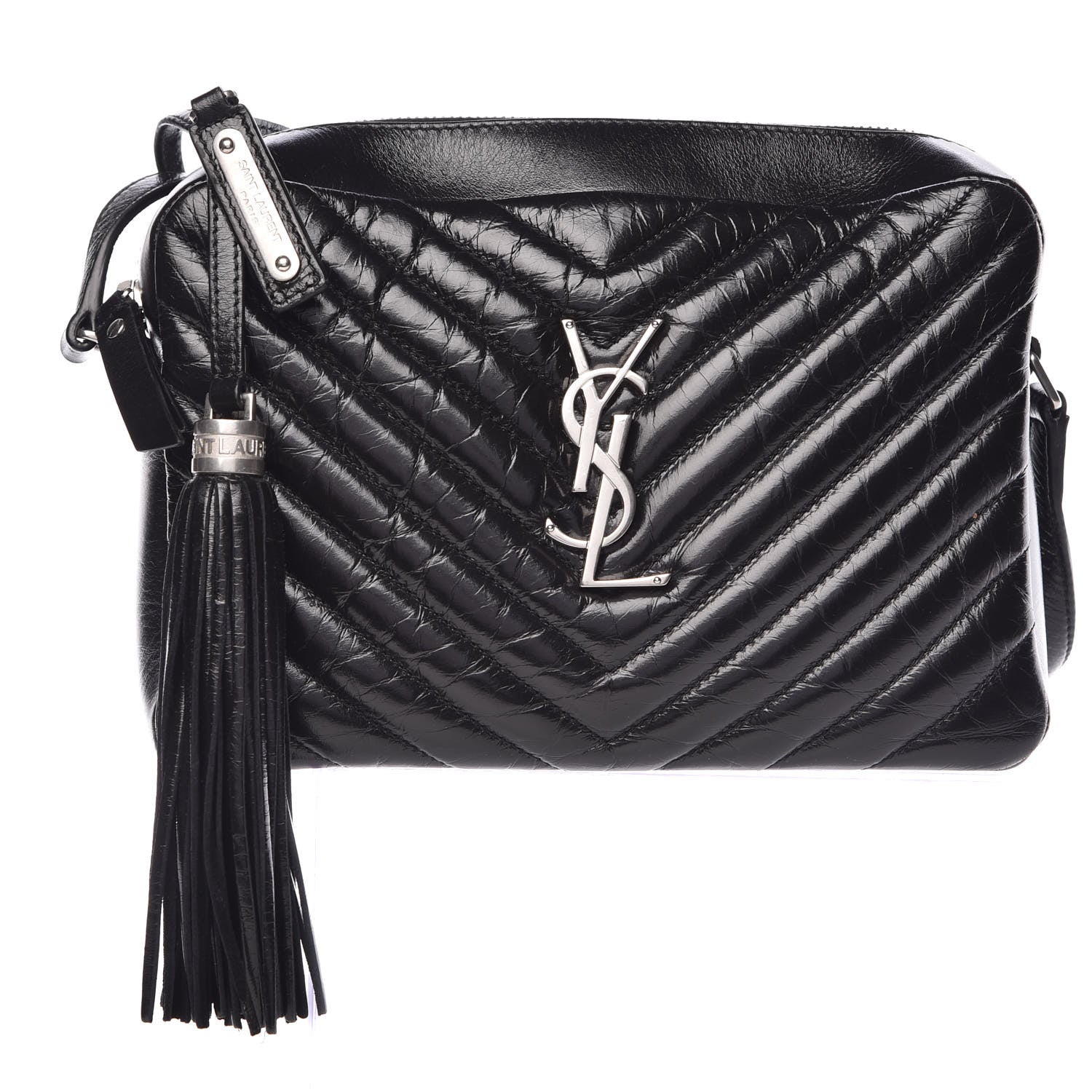 Saint Laurent Cracked Shiny Calfskin Matelasse Monogram Lou Camera Bag Black 1 of 9