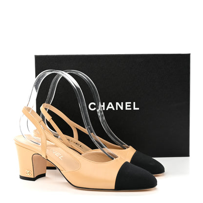 Chanel Goatskin Grosgrain Cap Toe CC Slingback Pumps 37 Beige Black 11 of 11