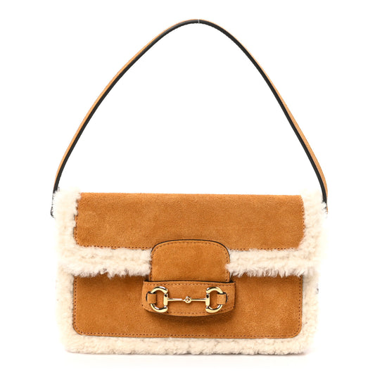 Suede Shearling Horsebit Mini 1955 Shoulder Bag Honey Beige Milk