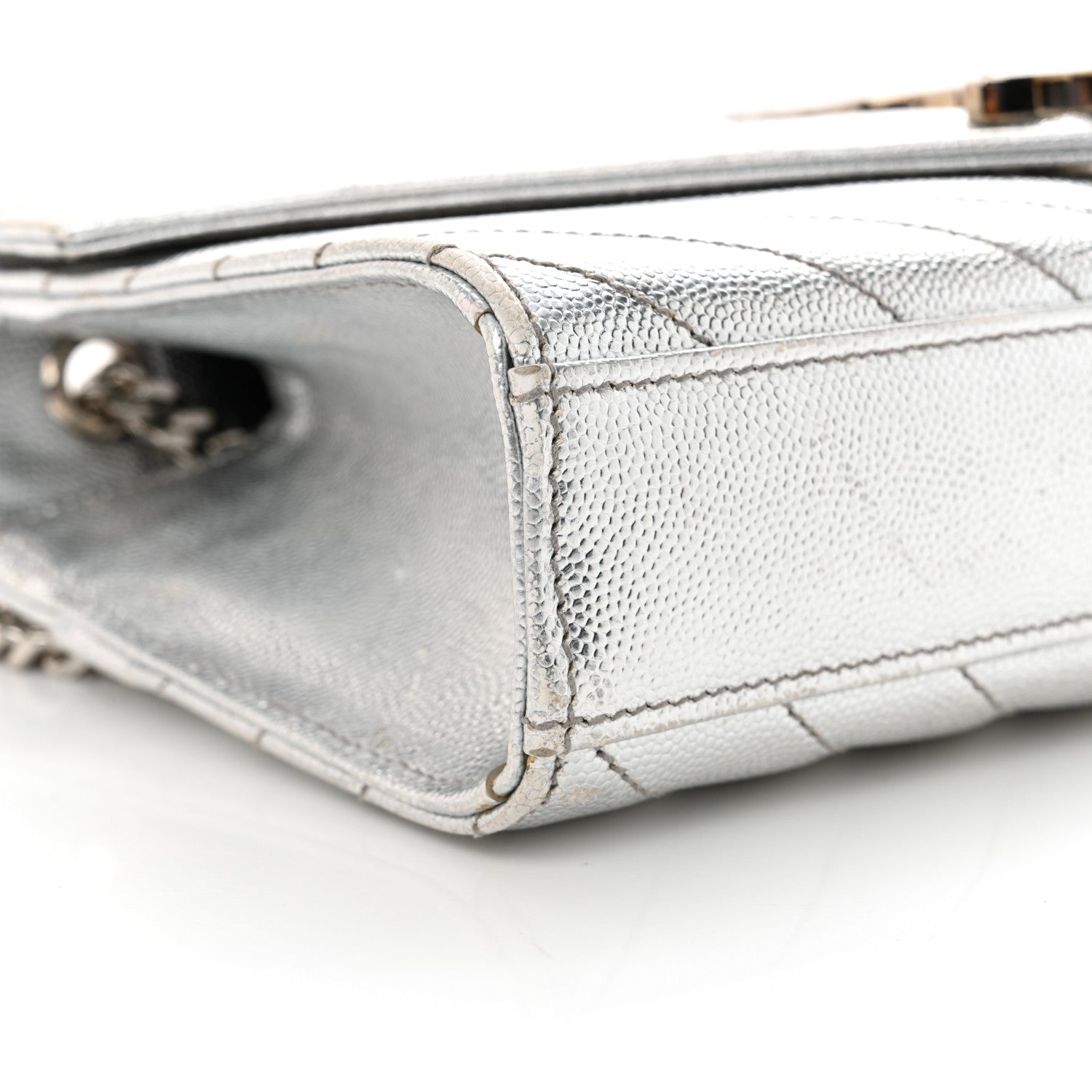 Saint Laurent Metallic Grain De Poudre Matelasse Chevron Small Monogram Satchel Silver 10 of 14