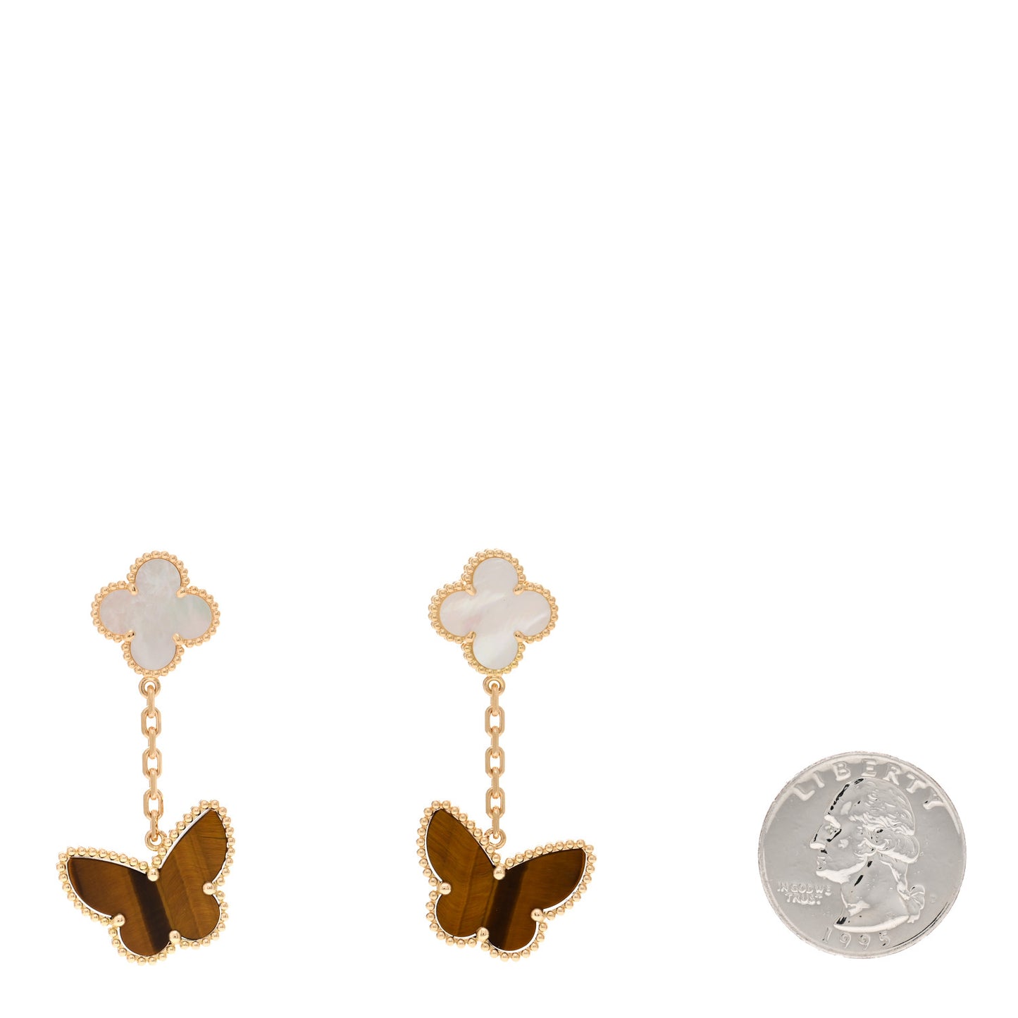 18K Yellow Gold Mother of Pearl Tiger's Eye Lucky Alhambra 2 Motifs Butterfly Earrings