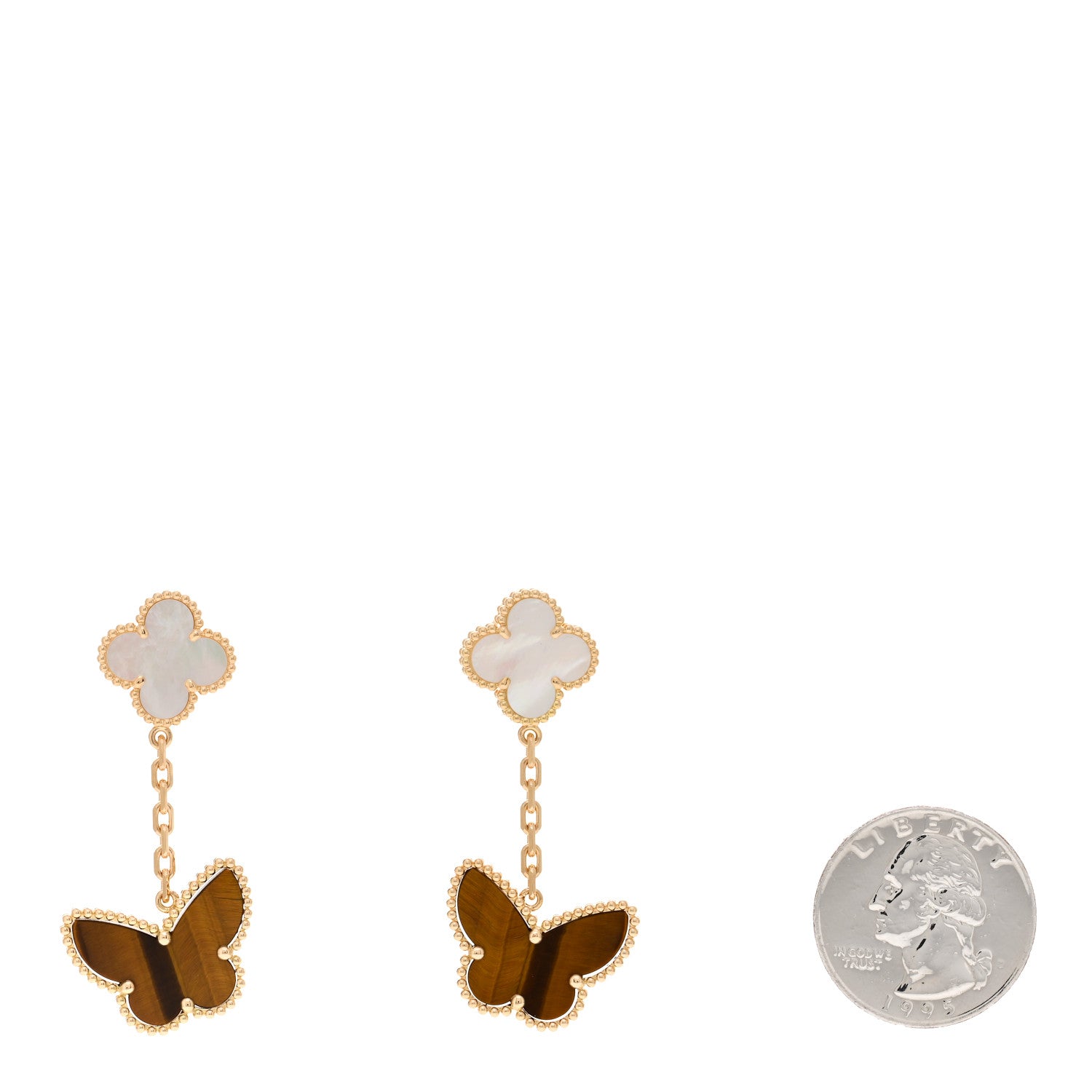 Van Cleef & Arpels 18K Yellow Gold Mother of Pearl Tiger's Eye Lucky Alhambra 2 Motifs Butterfly Earrings 2 of 5