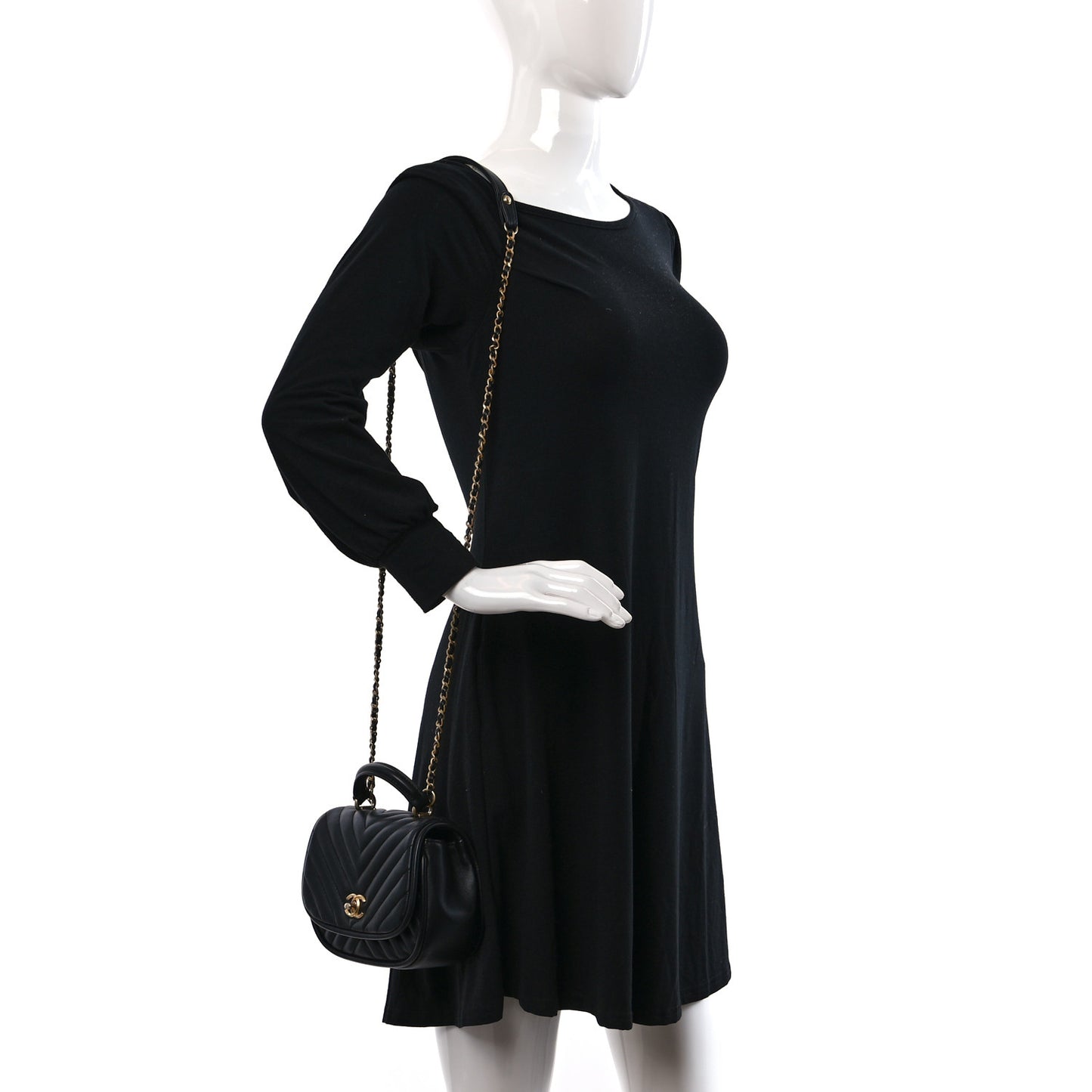 Lambskin Reverse Chevron Quilted Mini Round Top Handle Flap Black