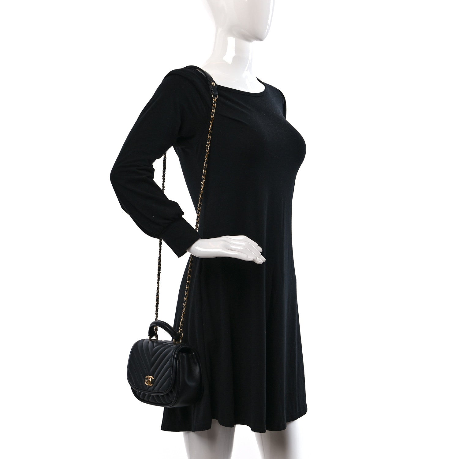 Chanel Lambskin Reverse Chevron Quilted Mini Round Top Handle Flap Black 2 of 11