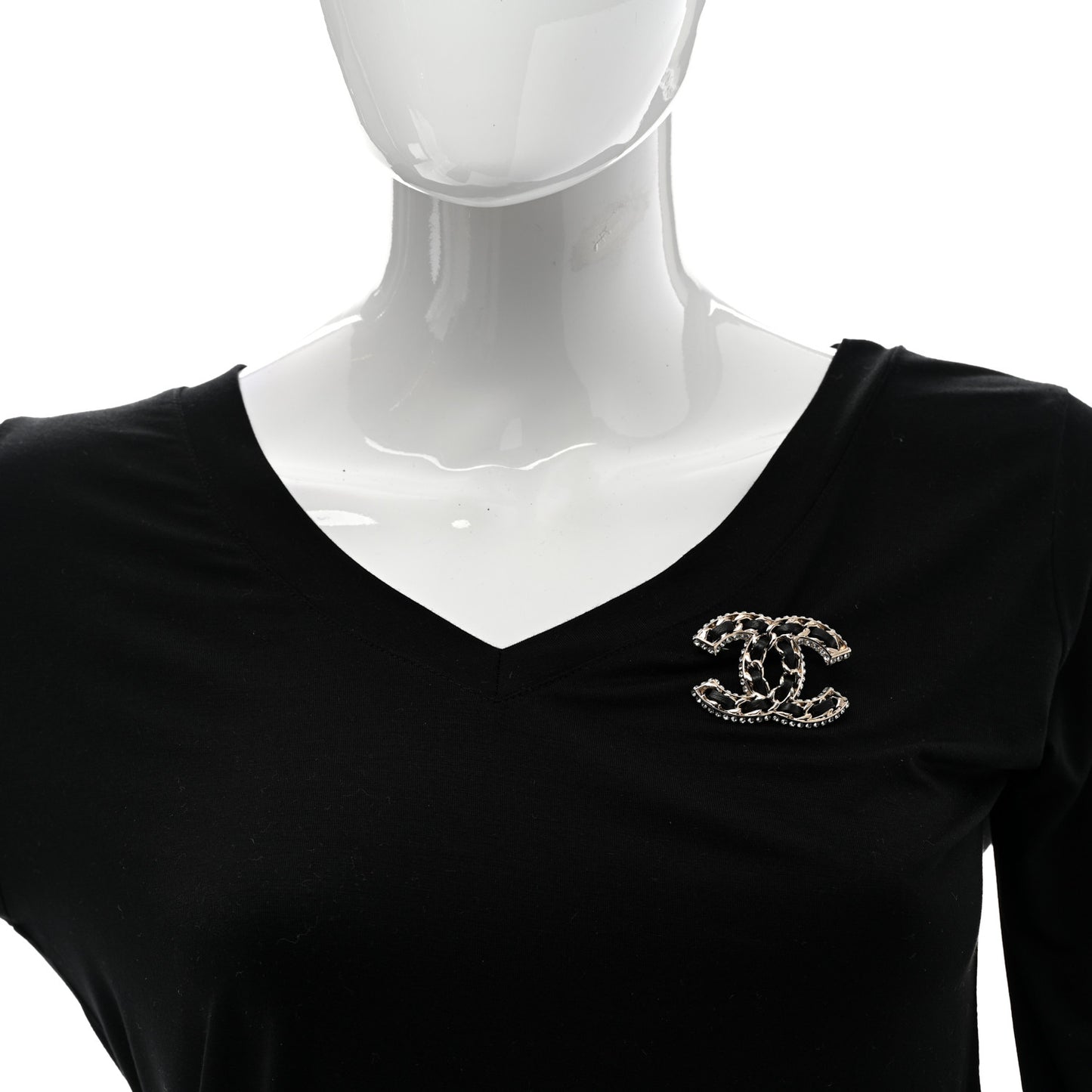Lambskin Crystal CC Chain Brooch Black Gold