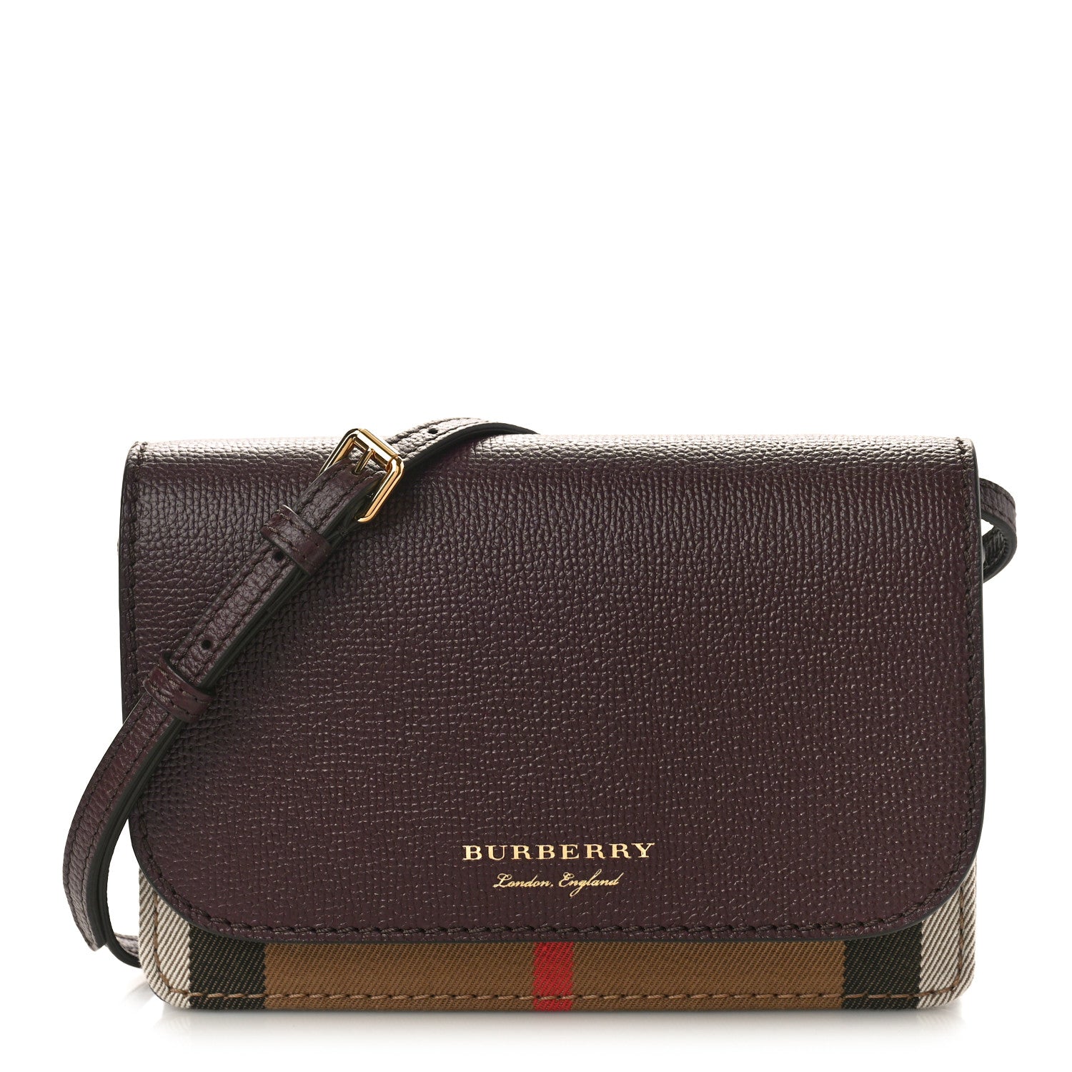 Burberry Grained Calfskin House Check Tartan Mix Hampshire Wallet On Chain Burgundy 1 of 8