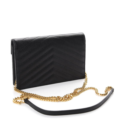 Saint Laurent Grain De Poudre Matelasse Chevron Monogram Envelope Chain Wallet Black 3 of 10