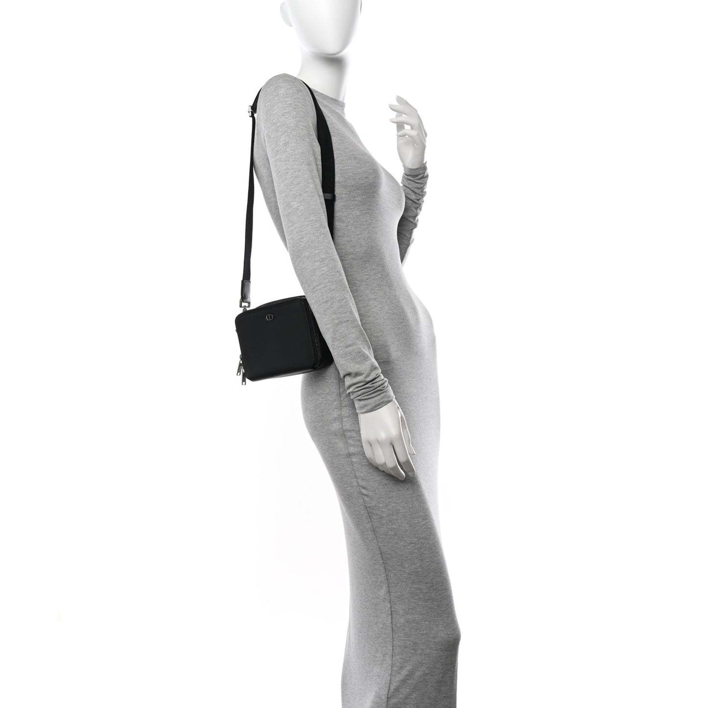 Grained Calfskin CD Icon Zipped Pouch With Strap Black