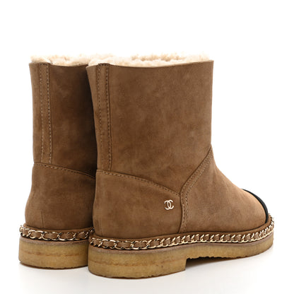 Chanel Kid Suede Shearling Womens Cap Toe Chain Short Boots 36.5 Light Brown Black 4 of 7