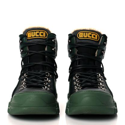 Gucci X SEGA Calfskin Suede Shearling Mens Flashtrek High-Top Sneakers 10 Black Olive Green 2 of 7