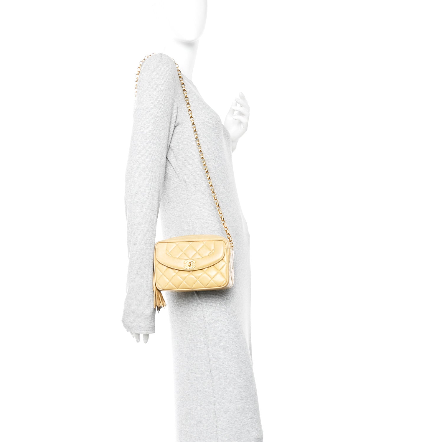 Chanel Lambskin Quilted Tassel Flap Camera Bag Light Beige 2 of 13