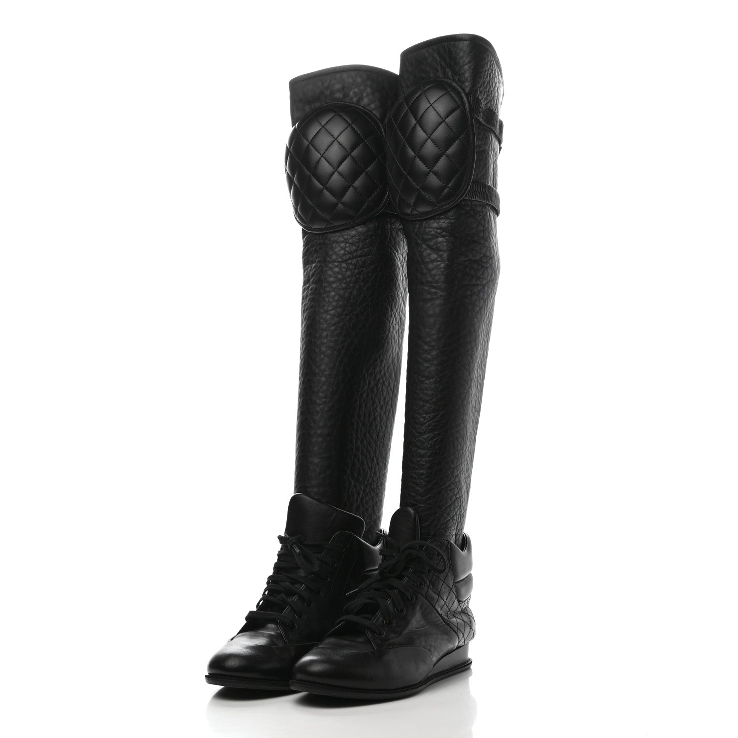 Chanel Calfskin Tumbled Lambskin Lace Up Knee High Sneaker Boots 38 Black 3 of 6