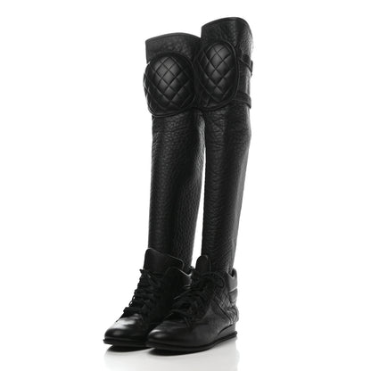 Chanel Calfskin Tumbled Lambskin Lace Up Knee High Sneaker Boots 38 Black 3 of 6