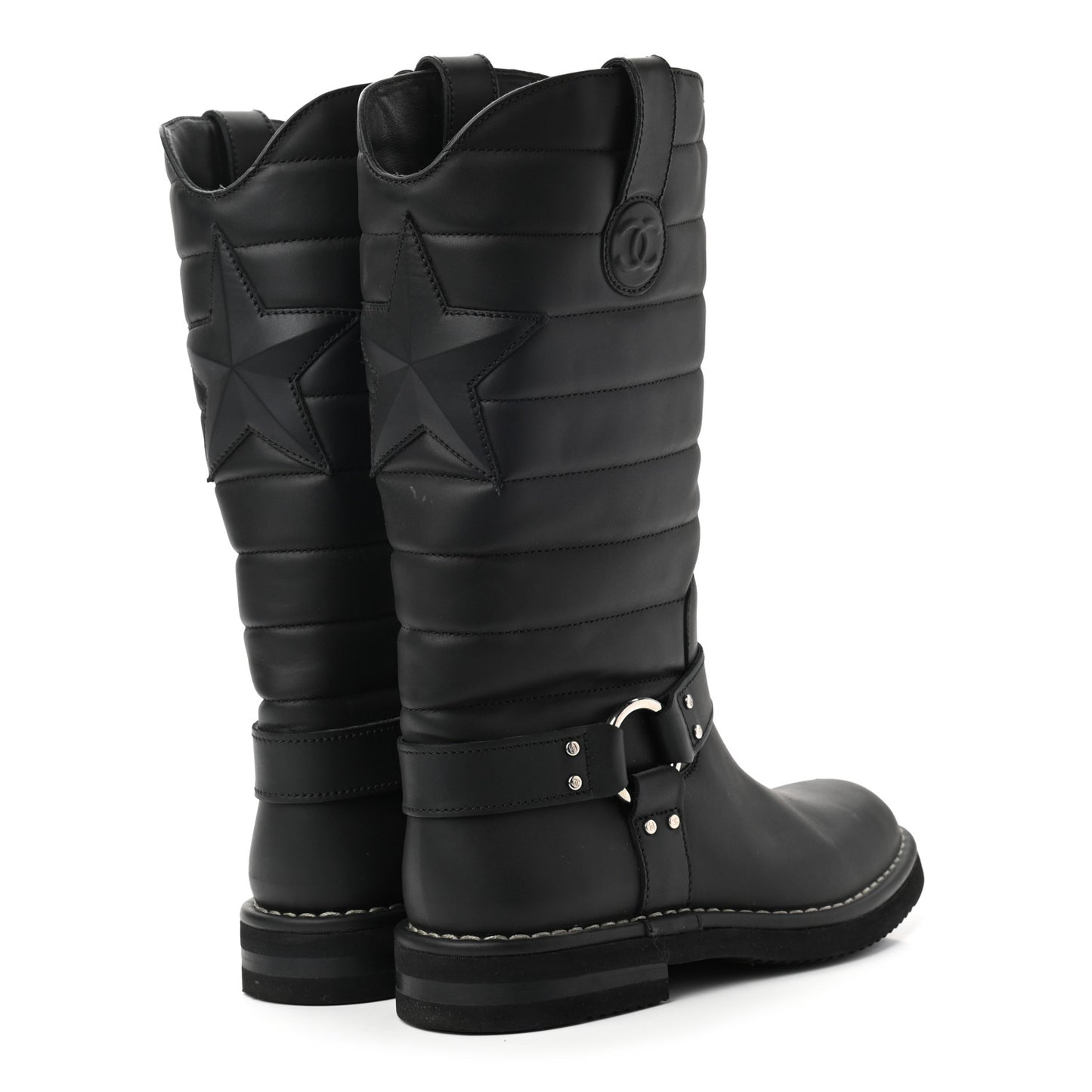 Calfskin Star Quilted Biker Boots 37 Brown